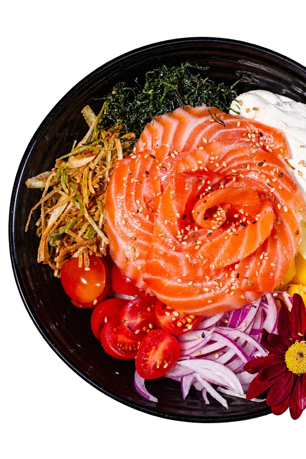 Poke com salmão e acompanhamentos
